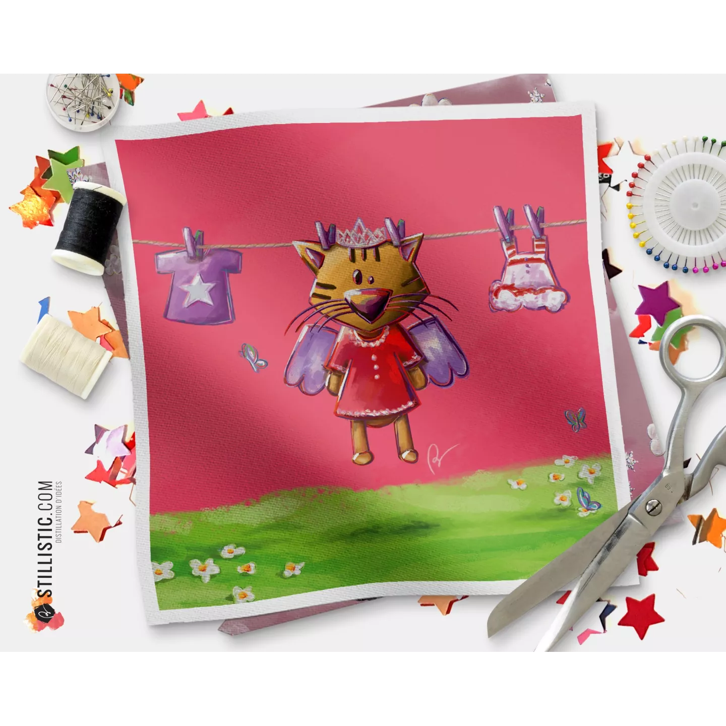 Coupon tissu illustré Chat ange rose coton ou minky