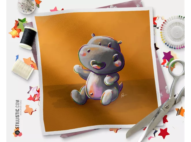 Coupon tissu illustré Hippopotame coton ou minky