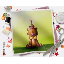 Coupon tissu illustré Ours anniversaire coton ou minky