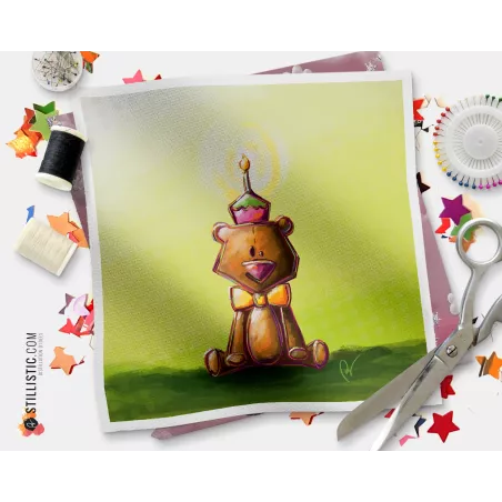 Coupon tissu illustré Ours anniversaire coton ou minky