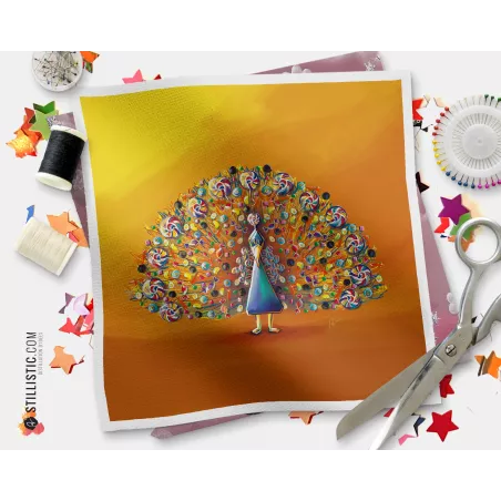 Coupon tissu illustré Paon bonbons coton ou minky