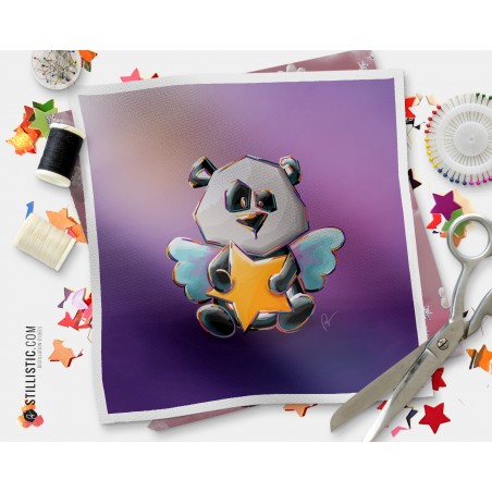 Coupon tissu illustré Panda et étoile coton ou minky