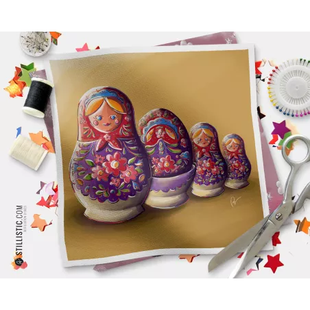 Coupon tissu illustré Poupées russes coton ou minky