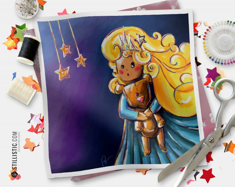 Coupon tissu illustré Princesse et ourson coton ou minky