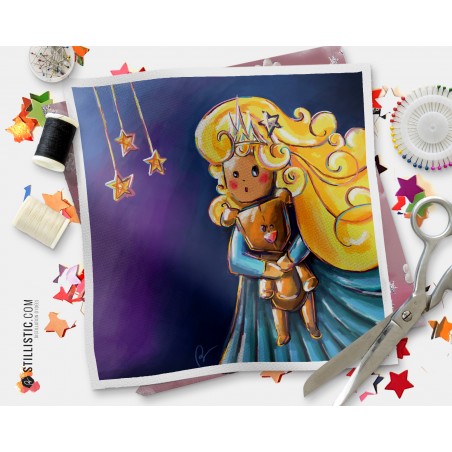 Coupon tissu illustré Princesse et ourson coton ou minky
