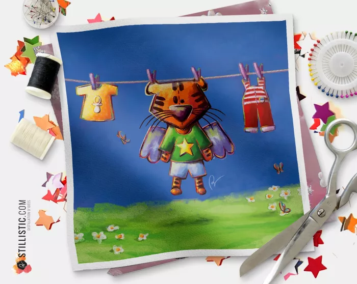 Coupon tissu illustré Tigre ange coton ou minky