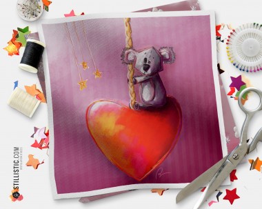 Coupon tissu illustré Koala coeur coton ou minky