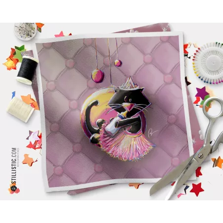 Coupon tissu illustré Chat danseur coton ou minky