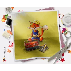 Coupon tissu illustré Renard bricoleur coton ou minky