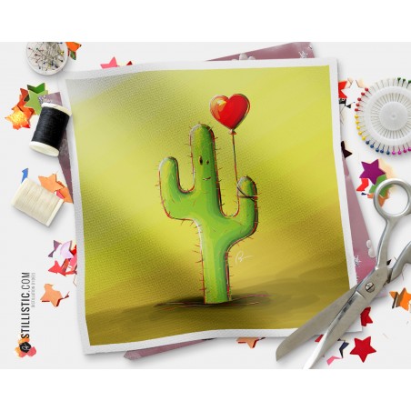 Coupon tissu illustré Cactus coeur coton ou minky