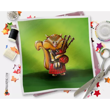 Coupon tissu illustré Ecureuil cornemuse coton ou minky