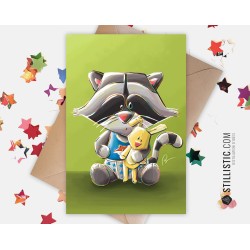 Carte de voeux papier 350g avec Illustration Originale Bébé Raton Laveur pour Naissance Anniversaire