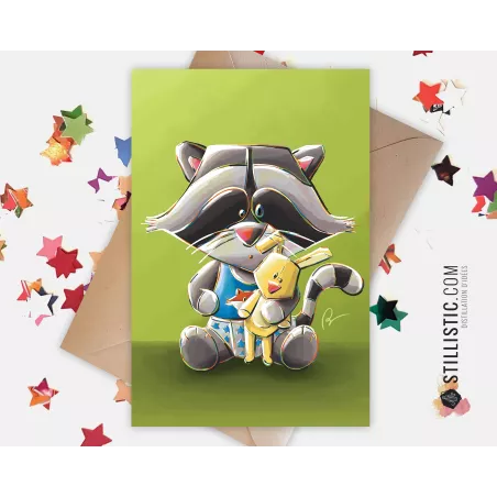 Carte de voeux papier 350g avec Illustration Originale Bébé Raton Laveur pour Naissance Anniversaire