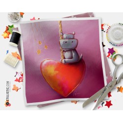 Coupon tissu illustré Hippopotame coeur coton ou minky