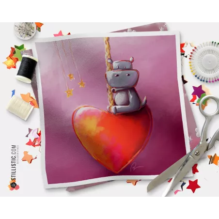 Coupon tissu illustré Hippopotame coeur coton ou minky