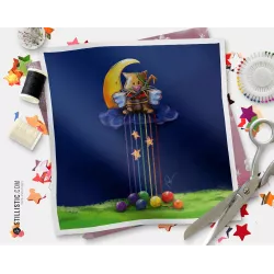 Coupon tissu illustré Chat pelotes coeur coton ou minky