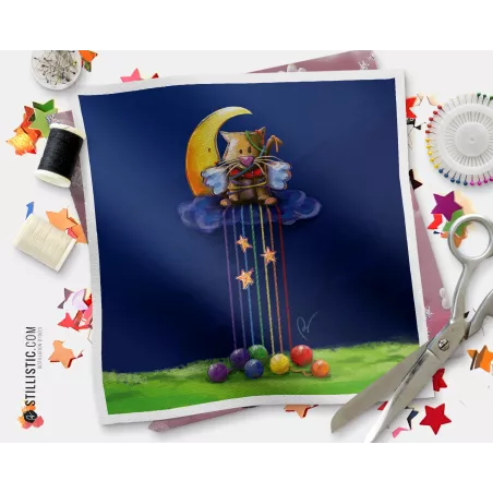 Coupon tissu illustré Chat pelotes coeur coton ou minky