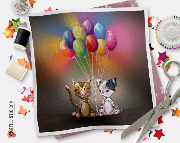 Coupon tissu illustré Chien et chat coton ou minky
