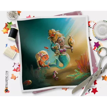 Coupon tissu illustré Sirène coton ou minky