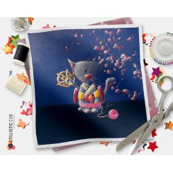 Coupon tissu illustré Chat geisha coton ou minky