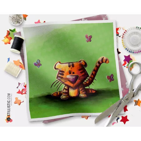 Coupon tissu illustré Tigre papillons coton ou minky
