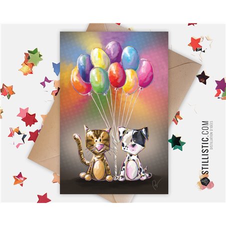 Carte de voeux papier 350g avec Illustration Originale Chiot et Chaton Ballons pour Fête des mères Amitié Anniversaire