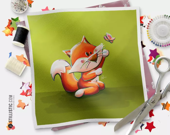 Coupon tissu illustré Renard papillon coton ou minky