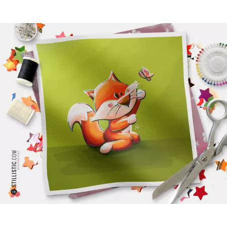Coupon tissu illustré Renard papillon coton ou minky