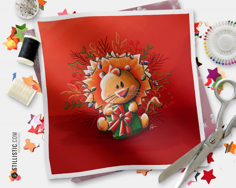 Coupon tissu illustré Lion Noël coton ou minky