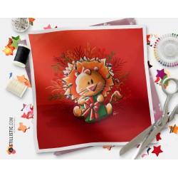 Coupon tissu illustré Lion Noël coton ou minky