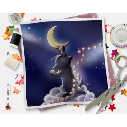 Coupon tissu illustré Chat lune coton ou minky