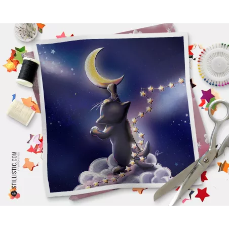 Coupon tissu illustré Chat lune coton ou minky