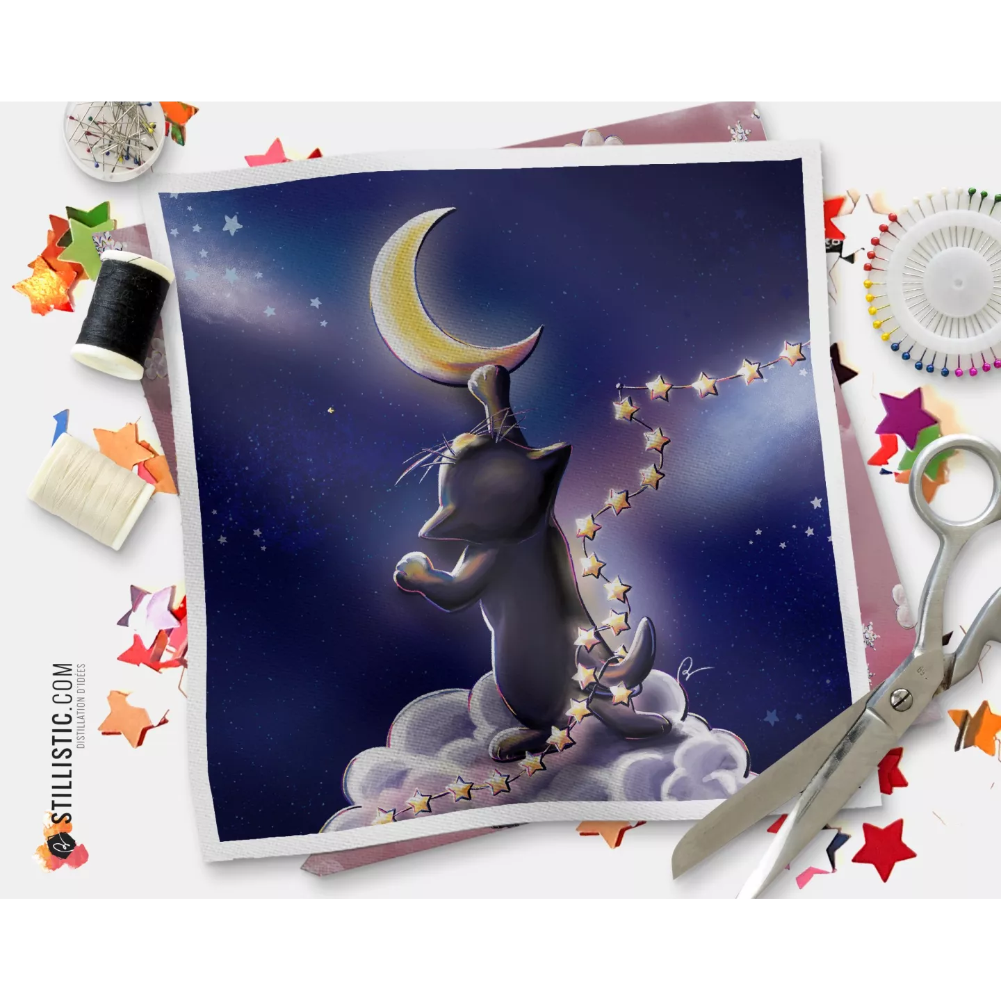 Coupon tissu illustré Chat lune coton ou minky