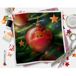 Coupon tissu illustré Boule Noël Renne coton ou minky