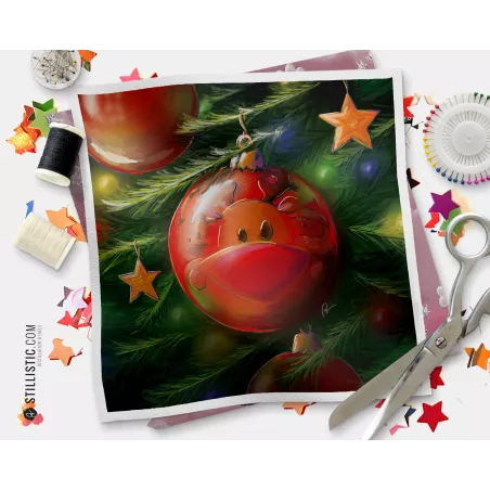 Coupon tissu illustré Boule Noël Renne coton ou minky