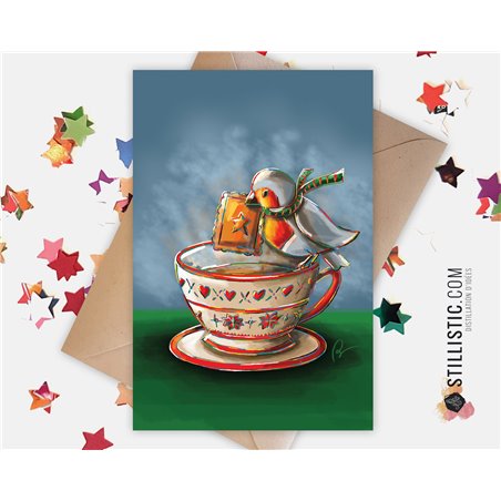 Carte de voeux papier 350g avec Illustration Originale Rouge-Gorge Pause thé pour Fête des mères Anniversaire Noël Nouvel An