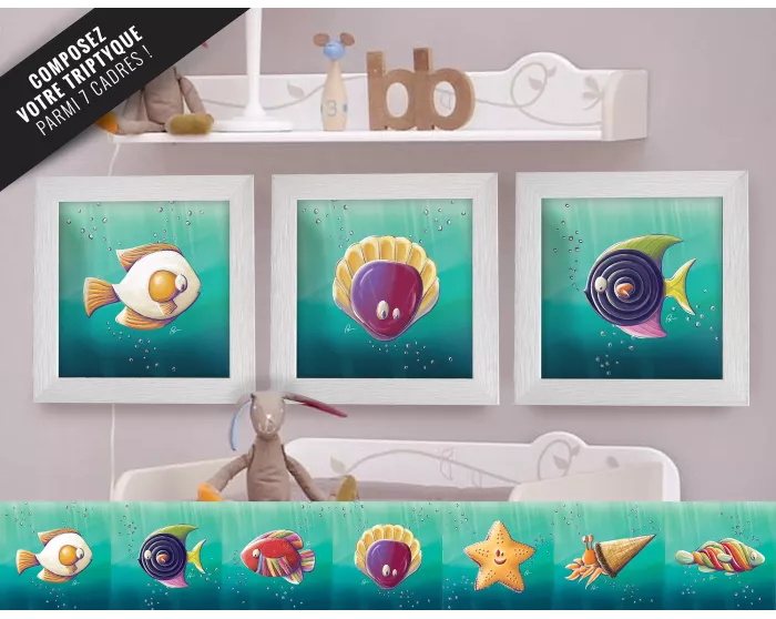 Cadre carré avec Illustration poissons pour Chambre Enfant bébé 25x25cm