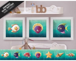Cadre carré avec Illustration poissons pour Chambre Enfant bébé 25x25cm
