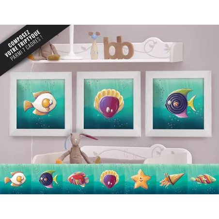 Cadre carré avec Illustration poissons pour Chambre Enfant bébé 25x25cm