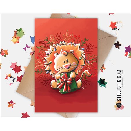 Carte de voeux papier 350g avec Illustration Originale Lion et guirlandes pour Noël Nouvel An