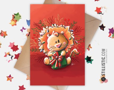 Carte de voeux papier 350g avec Illustration Originale Lion et guirlandes pour Noël Nouvel An