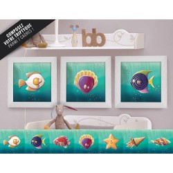 Triptyque lot de 3 Cadres carrés avec Illustrations Poissons bonbons à composer pour Chambre Enfant bébé 25x25cm