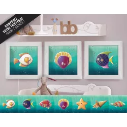 Triptyque lot de 3 Cadres carrés avec Illustrations Poissons bonbons à composer pour Chambre Enfant bébé 25x25cm