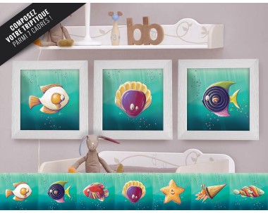 Triptyque lot de 3 Cadres carrés avec Illustrations Poissons bonbons à composer pour Chambre Enfant bébé 25x25cm