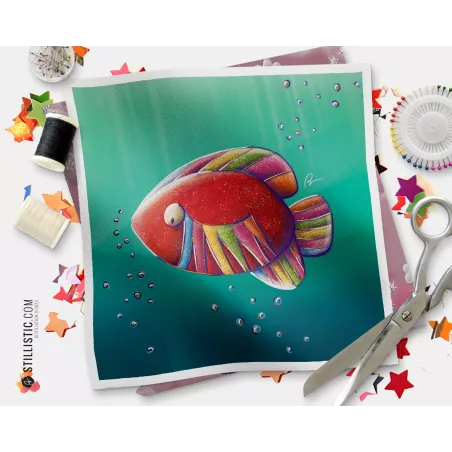 Coupon tissu illustré Poisson bandes acidulées coton ou minky