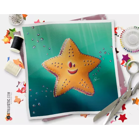 Coupon tissu illustré Etoile de mer coton ou minky