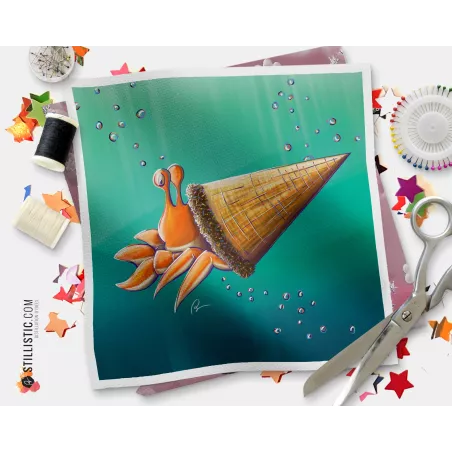 Coupon tissu illustré Bernard l'ermite coton ou minky