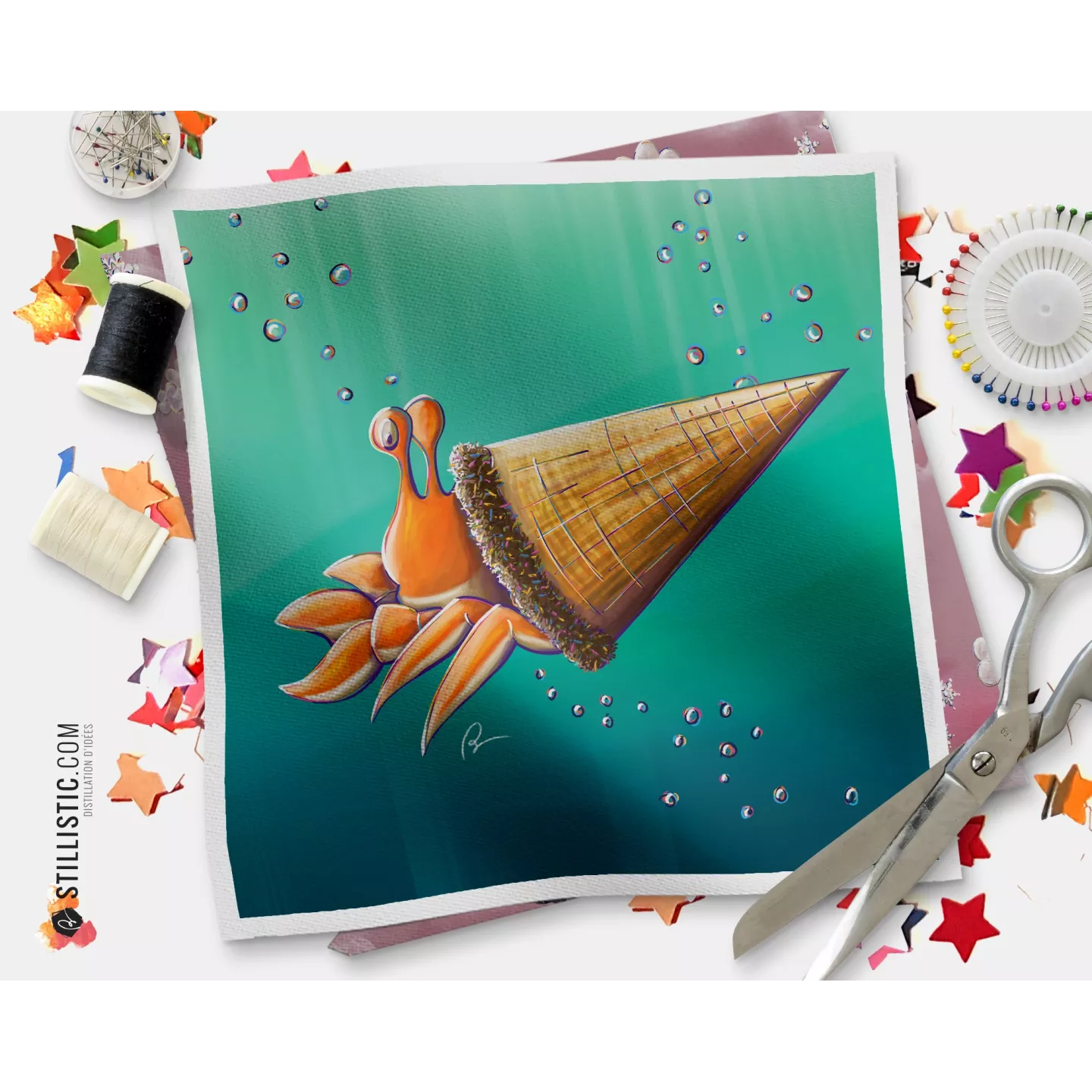 Coupon tissu illustré Bernard l'ermite coton ou minky