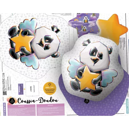 Coupon tissu Sans substances nocives à découper et coudre pour fabrication coussin animal (ou bouillotte sèche) + hochet panda