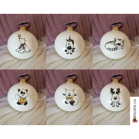 Boule en verre Mon premier Noël personnalisée prénom enfant Ours Renard Licorne Panda décorée à la main Noir et Or